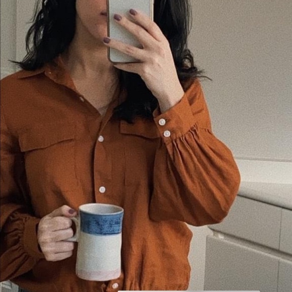 En thread Button down Lagenlook Linen Lyocell Puffy sleeve Pockets Cinnamon S - Picture 3 of 13